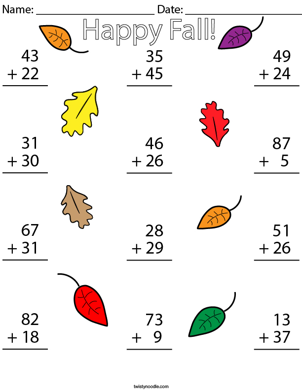 Fall Double Digit Addition Math Worksheet - Twisty Noodle